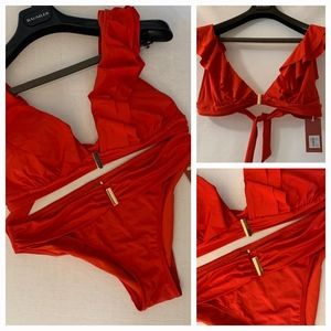 Santemare Red Ruffled Tie-Back Bikini Top and Bottom